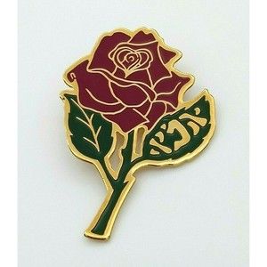 AMIT Rose Flower Pendant Brooch Pin Israel Enamel Gold Tone Metal Vintage Shiny!